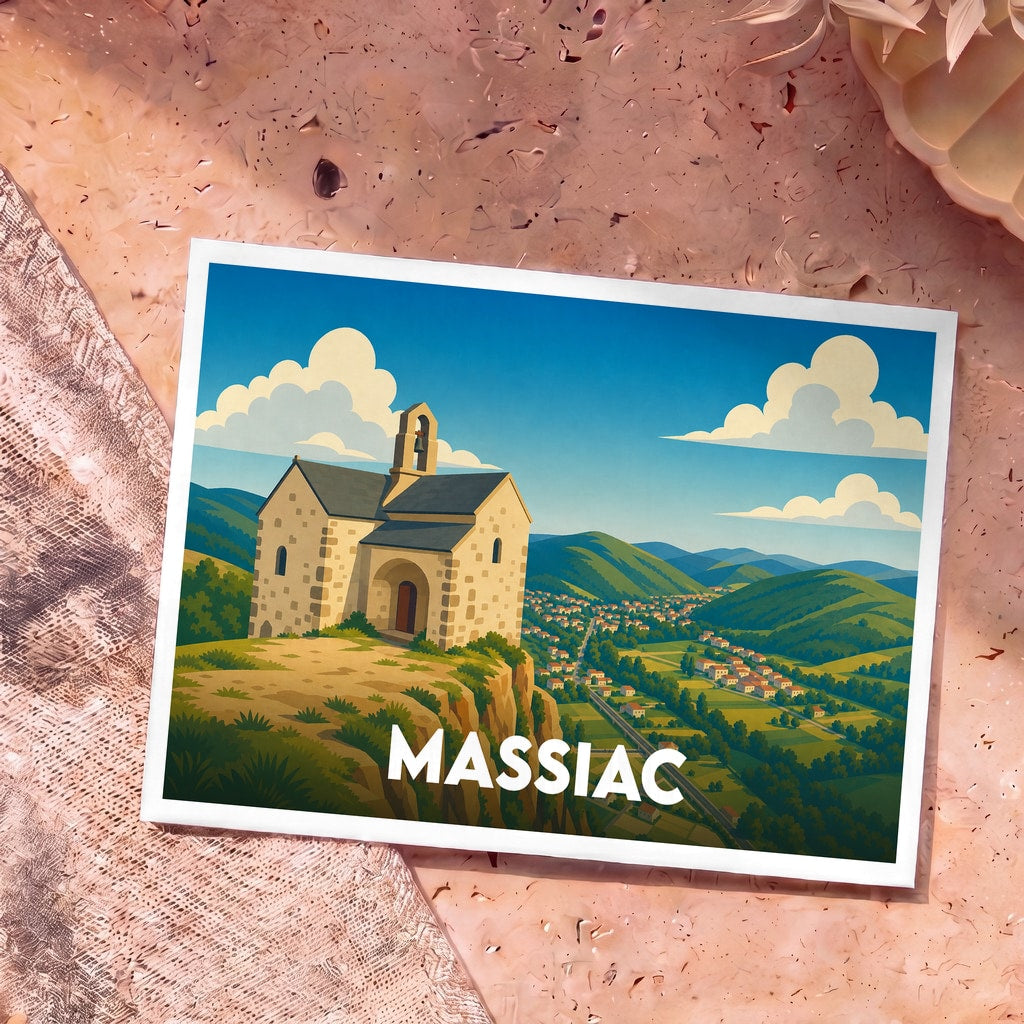 Carte postale souvenir de la ville de Massiac illustrant une chapelle perchée dominant une vallée verdoyante.