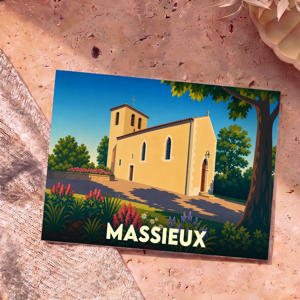 Carte postale souvenir de la ville de Massieux avec une illustration stylisée de son église sous un ciel bleu.
