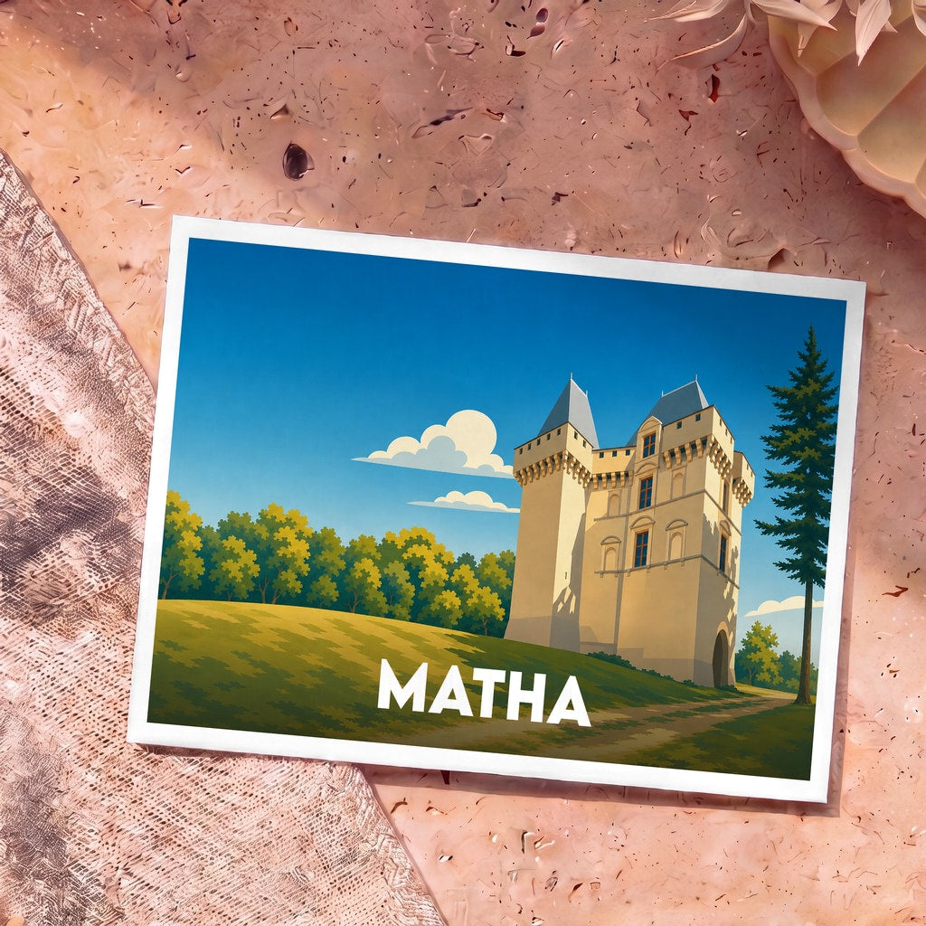 Carte postale souvenir de la ville de Matha illustrant son château dans un style graphique épuré.