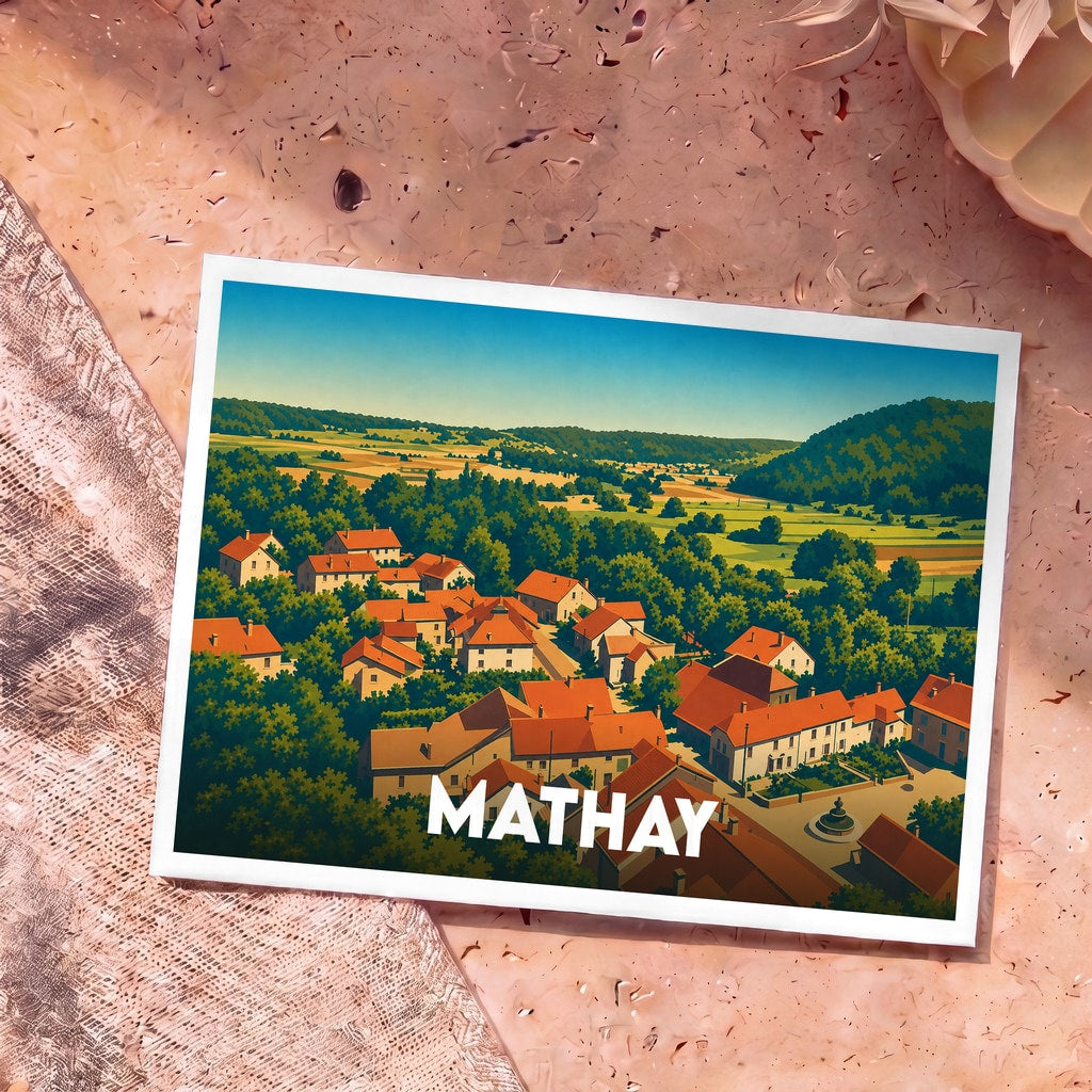 Carte postale souvenir de la ville de Mathay illustrée d'un paysage de campagne coloré et stylisé.