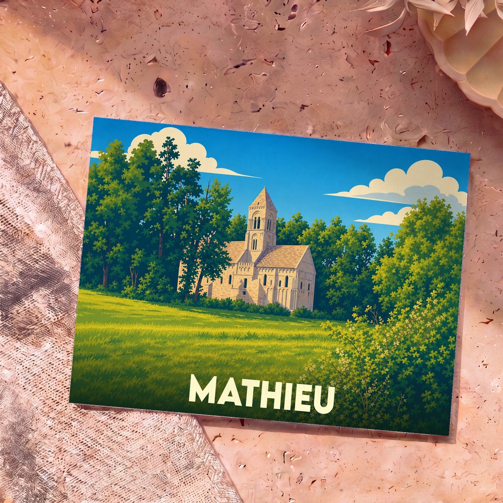Carte postale souvenir de la ville de Mathieu avec une illustration stylisée d'une église entourée de verdure.
