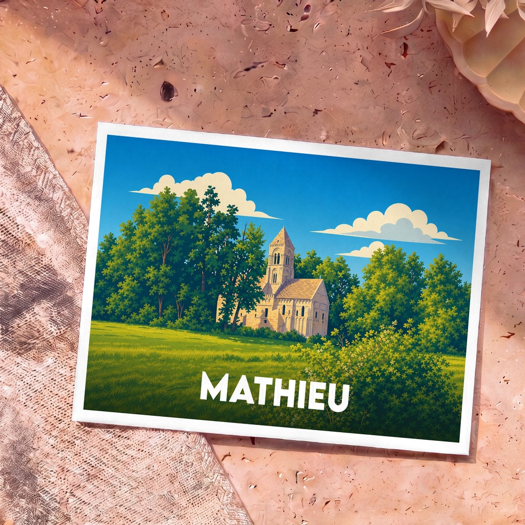 Carte postale souvenir de la ville de Mathieu avec une illustration stylisée d'une église entourée de verdure.