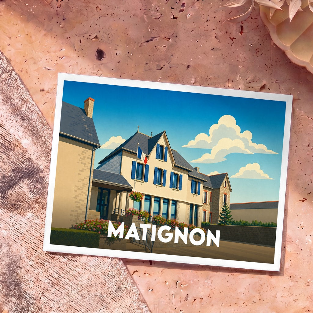 Carte postale souvenir de la ville de Matignon arborant une illustration stylisée d'un bâtiment typique sous un ciel azur.