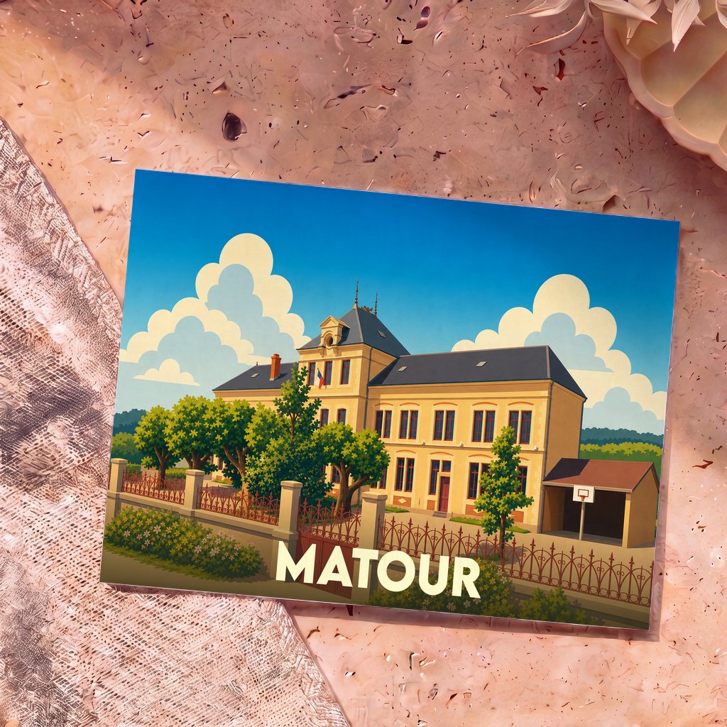 Carte postale souvenir de la ville de Matour arborant une illustration stylisée d'un bâtiment communal sous un ciel ensoleillé.