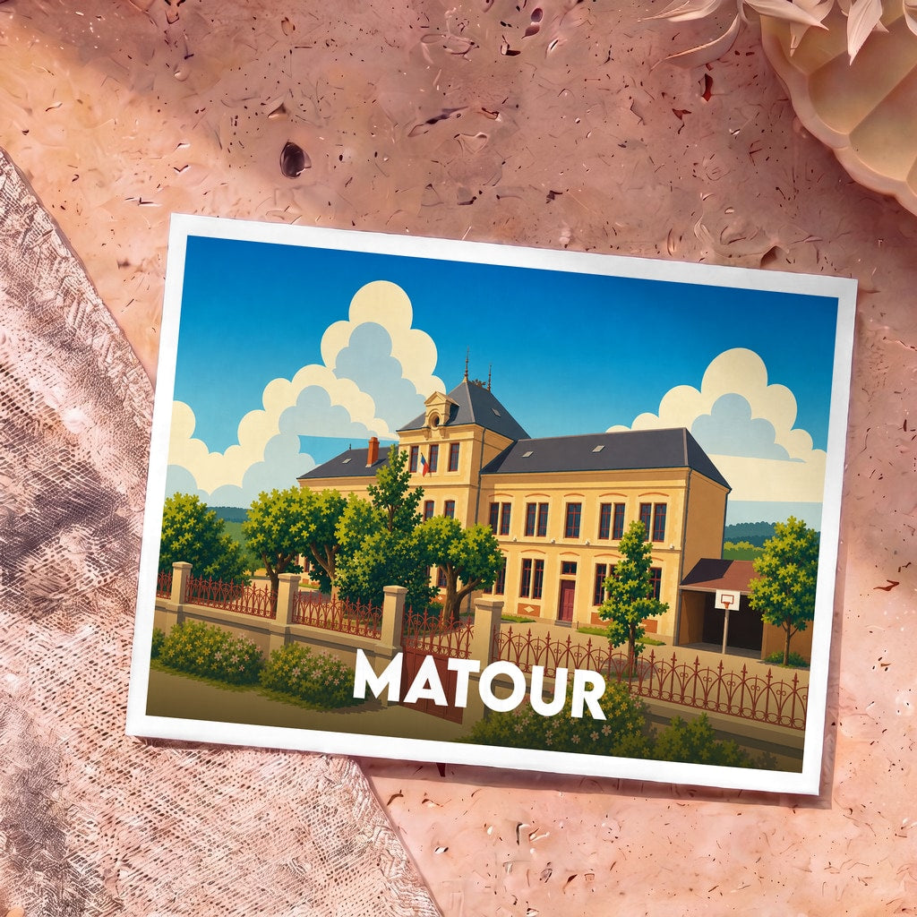 Carte postale souvenir de la ville de Matour arborant une illustration stylisée d'un bâtiment communal sous un ciel ensoleillé.