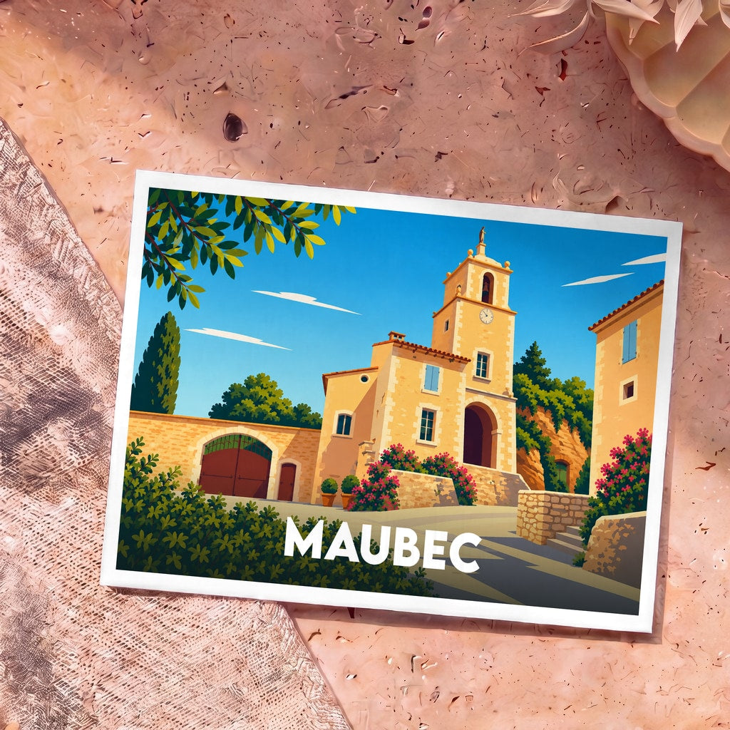Carte postale souvenir de la ville de Maubec avec une illustration stylisée de son église et de ses maisons en pierre sous un ciel bleu.