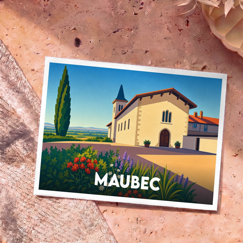 Carte postale souvenir de la ville de Maubec avec une illustration stylisée de son église et de paysages provençaux.