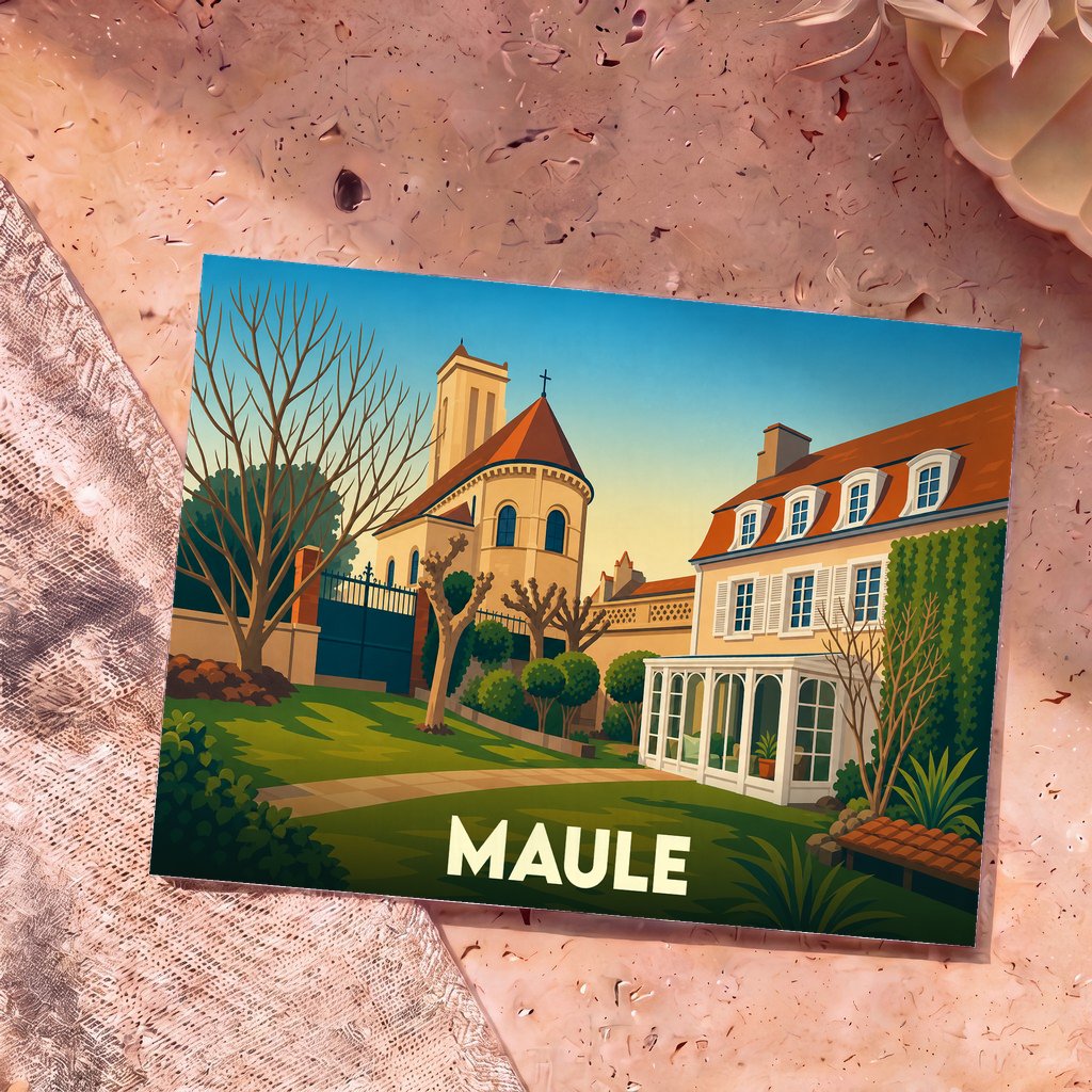 Carte postale souvenir de la ville de Maule illustrant son église et une demeure de charme dans un style graphique épuré.