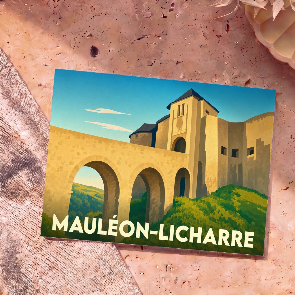 Carte postale souvenir de la ville de Mauléon-Licharre illustrant son château fort dans un style épuré.