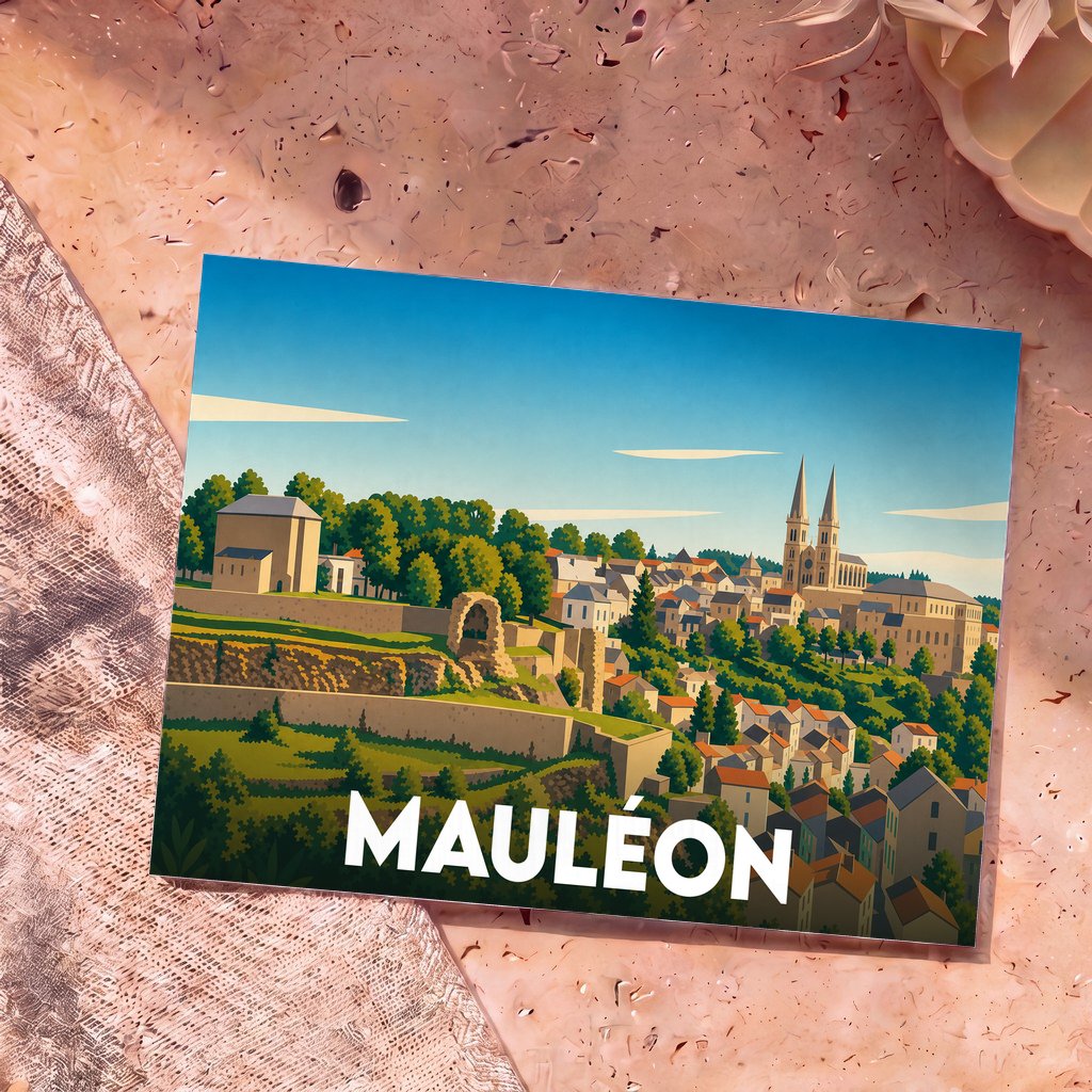 Carte postale souvenir de la ville de Mauléon avec une illustration stylisée et colorée du paysage urbain.