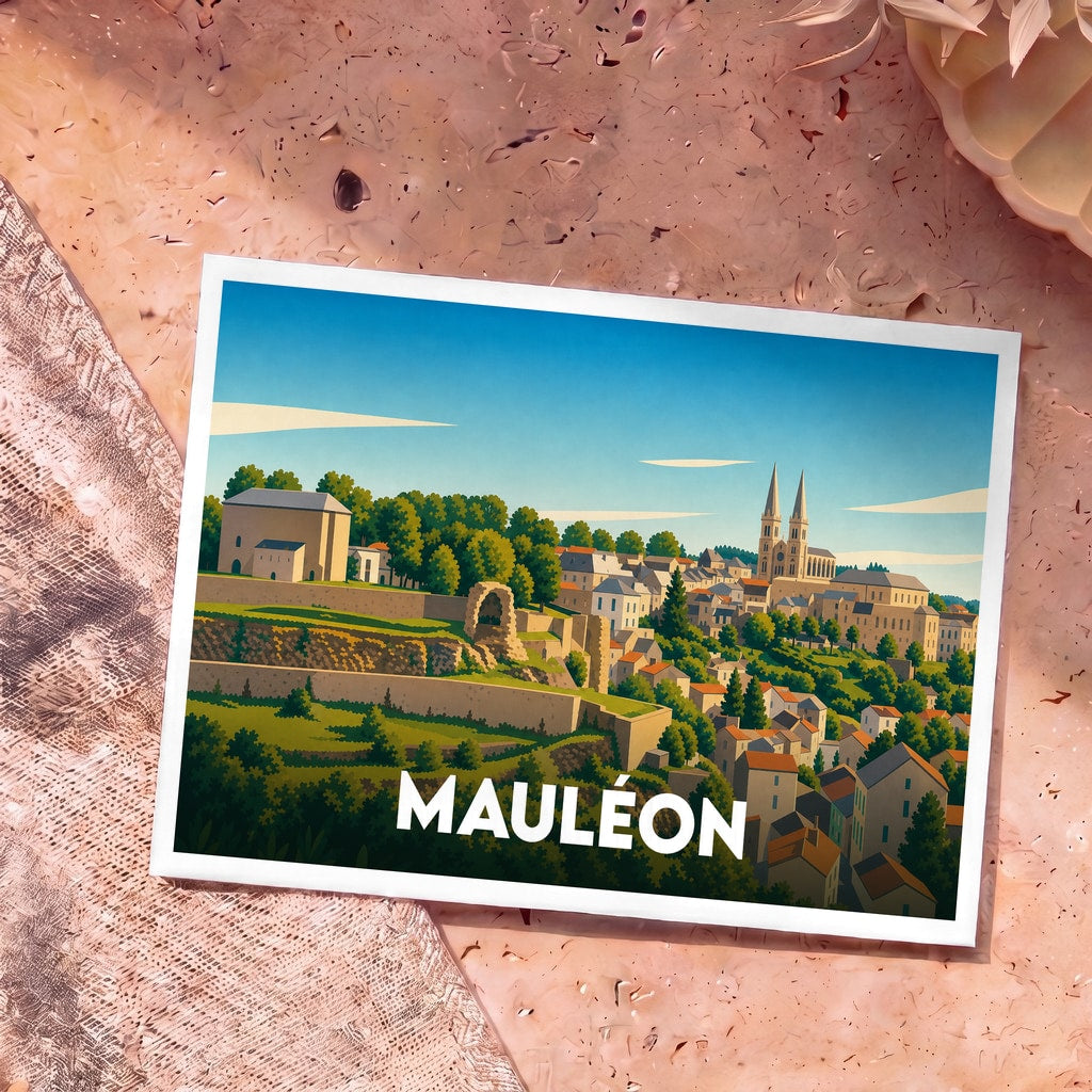 Carte postale souvenir de la ville de Mauléon avec une illustration stylisée et colorée du paysage urbain.