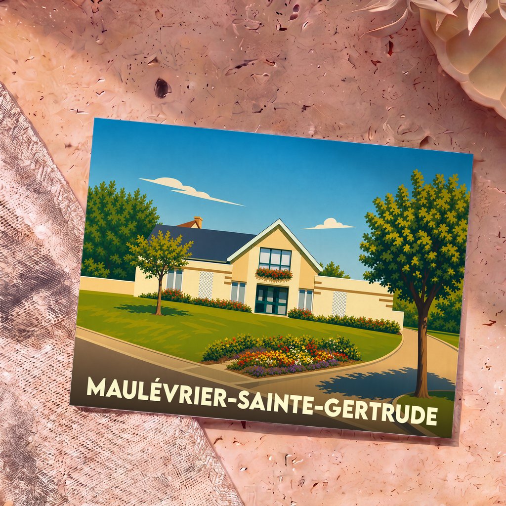 Carte postale souvenir de la ville de Maulévrier-Sainte-Gertrude avec une illustration stylisée d'une maison fleurie.