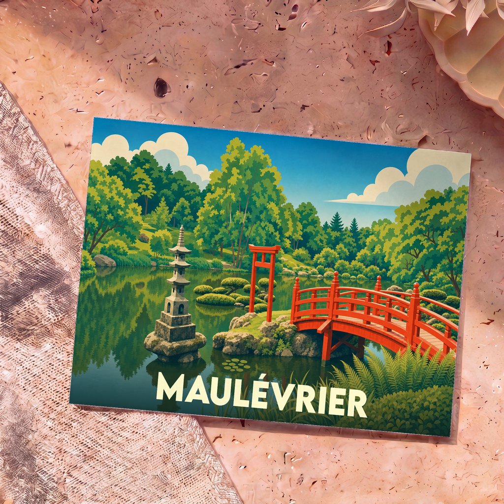 Carte postale souvenir de la ville de Maulévrier illustrant son jardin japonais avec son pont rouge et sa pagode.