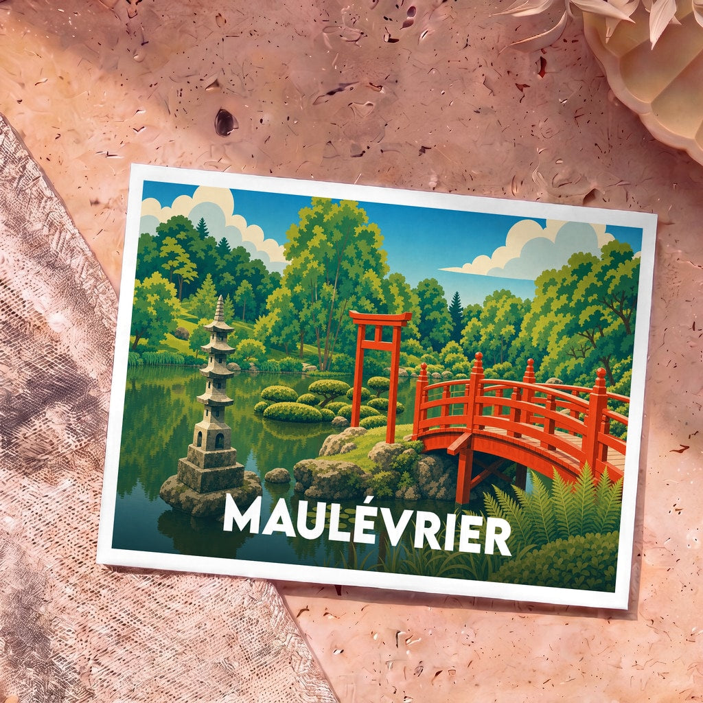 Carte postale souvenir de la ville de Maulévrier illustrant son jardin japonais avec son pont rouge et sa pagode.