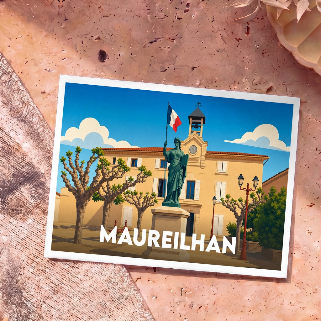 Carte postale souvenir de la ville de Maureilhan avec une illustration stylisée de sa mairie et d'une statue.