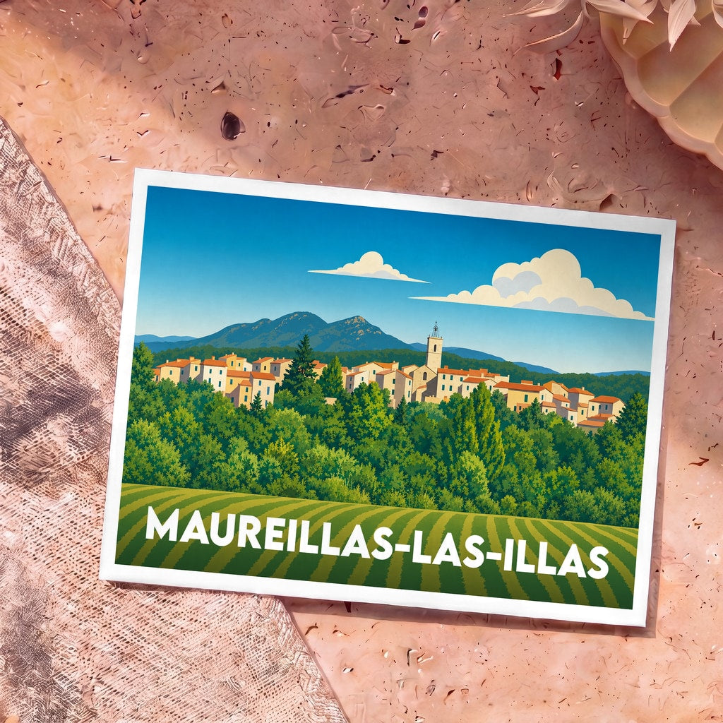 Carte postale souvenir de la ville de Maureillas-las-Illas avec une illustration stylisée.