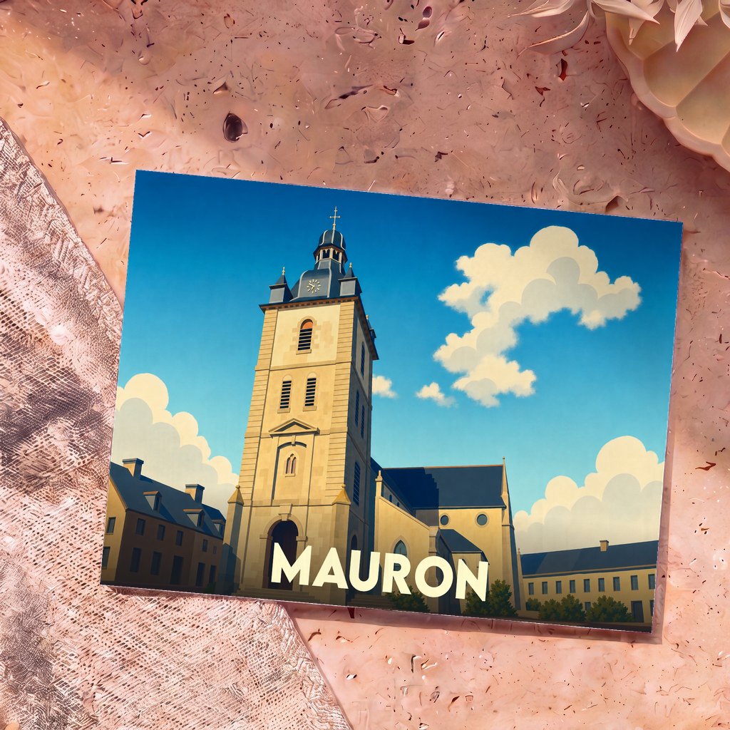 Carte postale souvenir de la ville de Mauron avec une illustration stylisée de son église sous un ciel bleu.