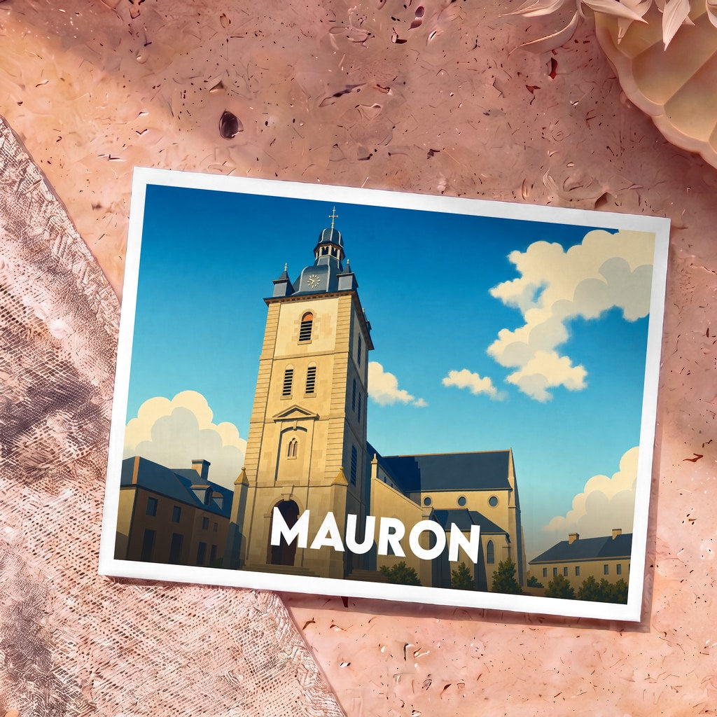 Carte postale souvenir de la ville de Mauron avec une illustration stylisée de son église sous un ciel bleu.