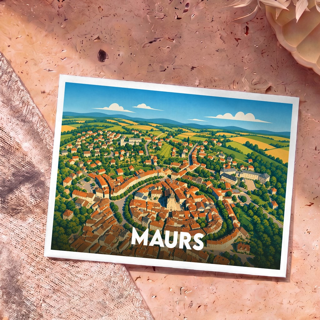 Carte postale souvenir de la ville de Maurs avec une illustration colorée et stylisée vue du ciel.