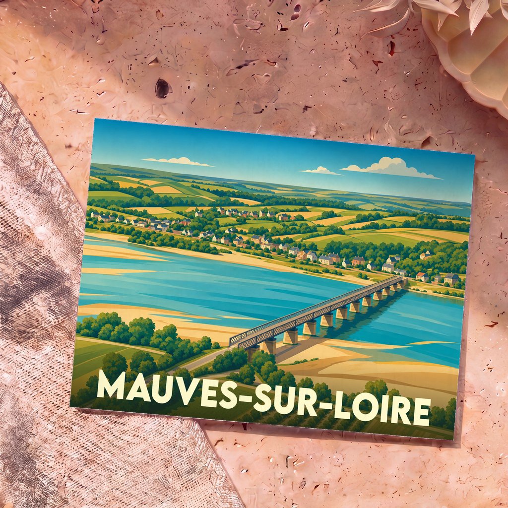 Carte postale souvenir de la ville de Mauves-sur-Loire avec une illustration stylisée de son pont traversant la Loire.