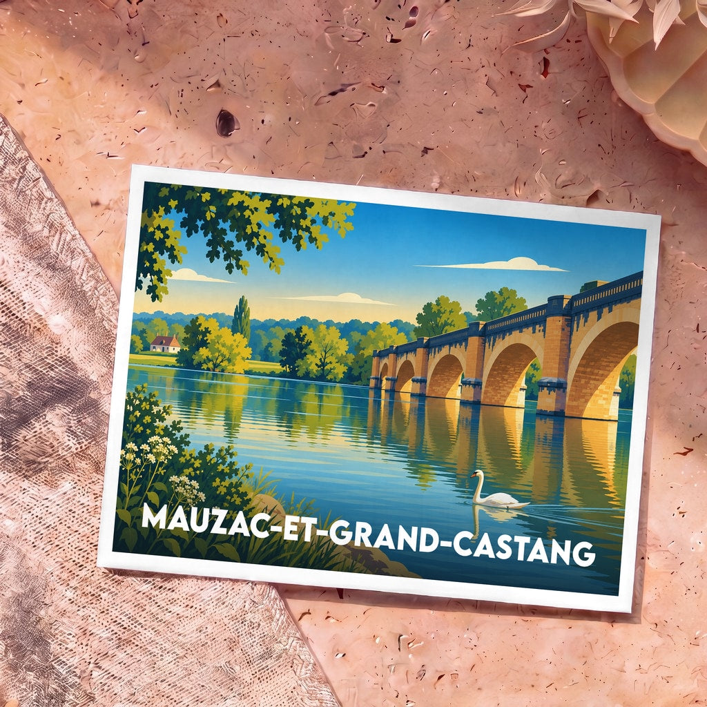 Carte postale souvenir de la commune de Mauzac-et-Grand-Castang avec une illustration stylisée d'un pont se reflétant dans l'eau.