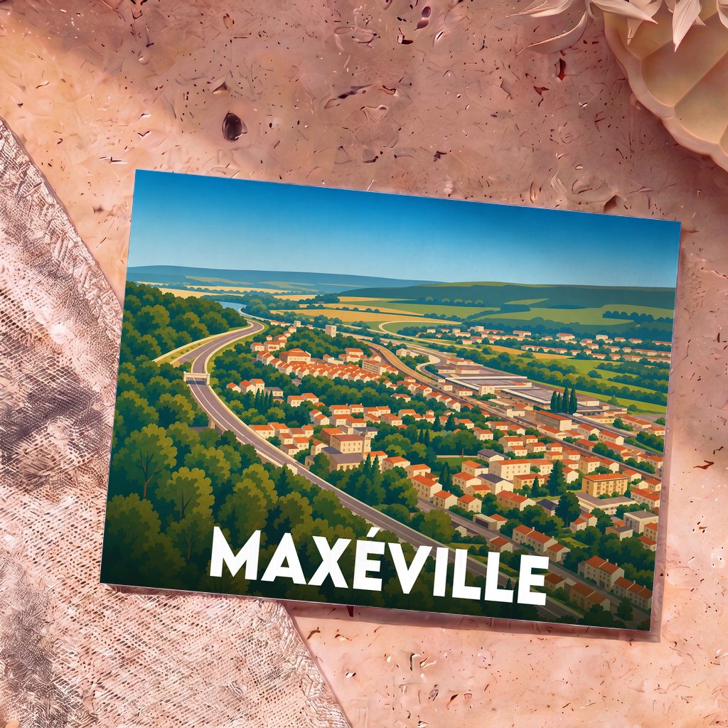 Carte postale souvenir de la ville de Maxéville avec une illustration stylisée d'un paysage urbain et verdoyant.