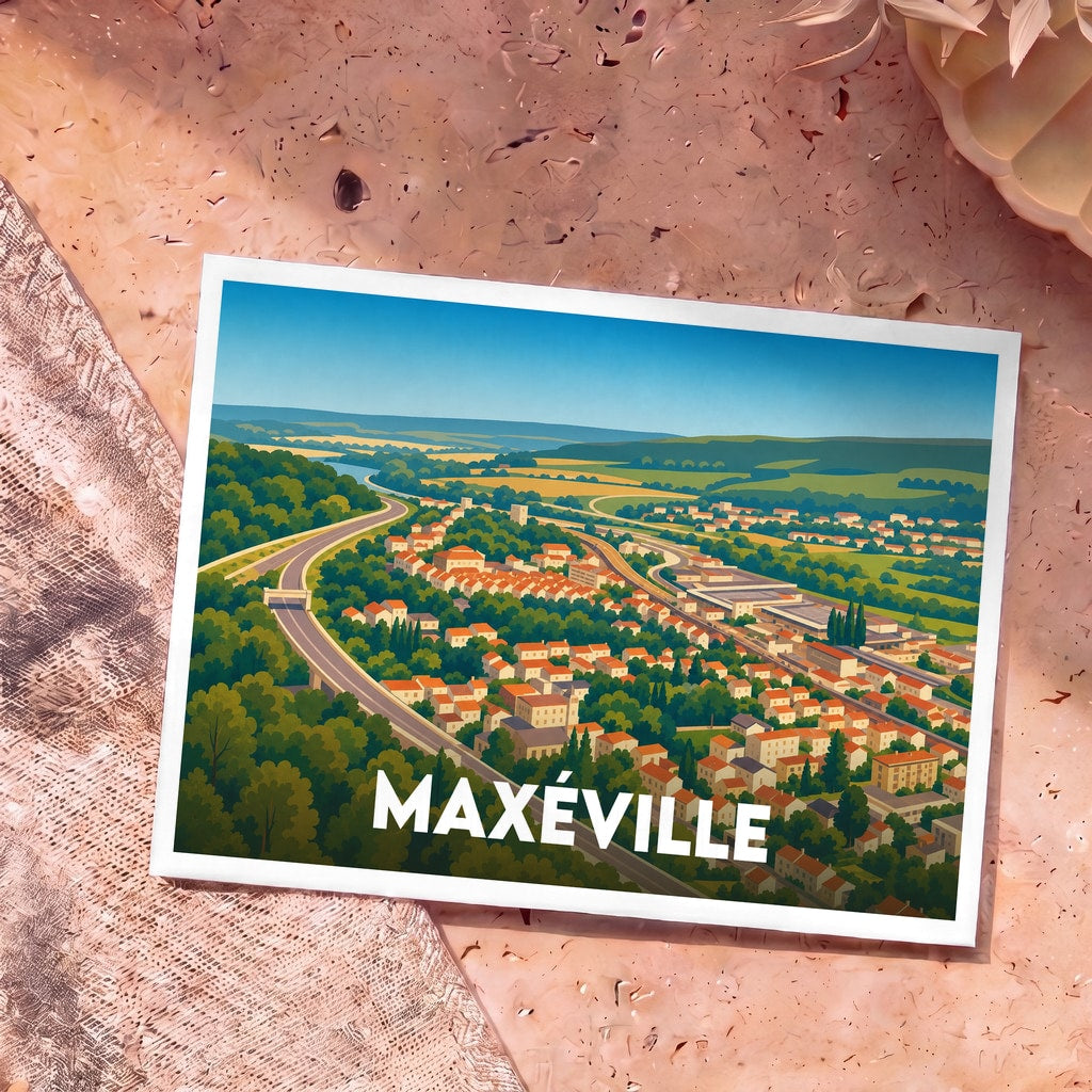 Carte postale souvenir de la ville de Maxéville avec une illustration stylisée d'un paysage urbain et verdoyant.