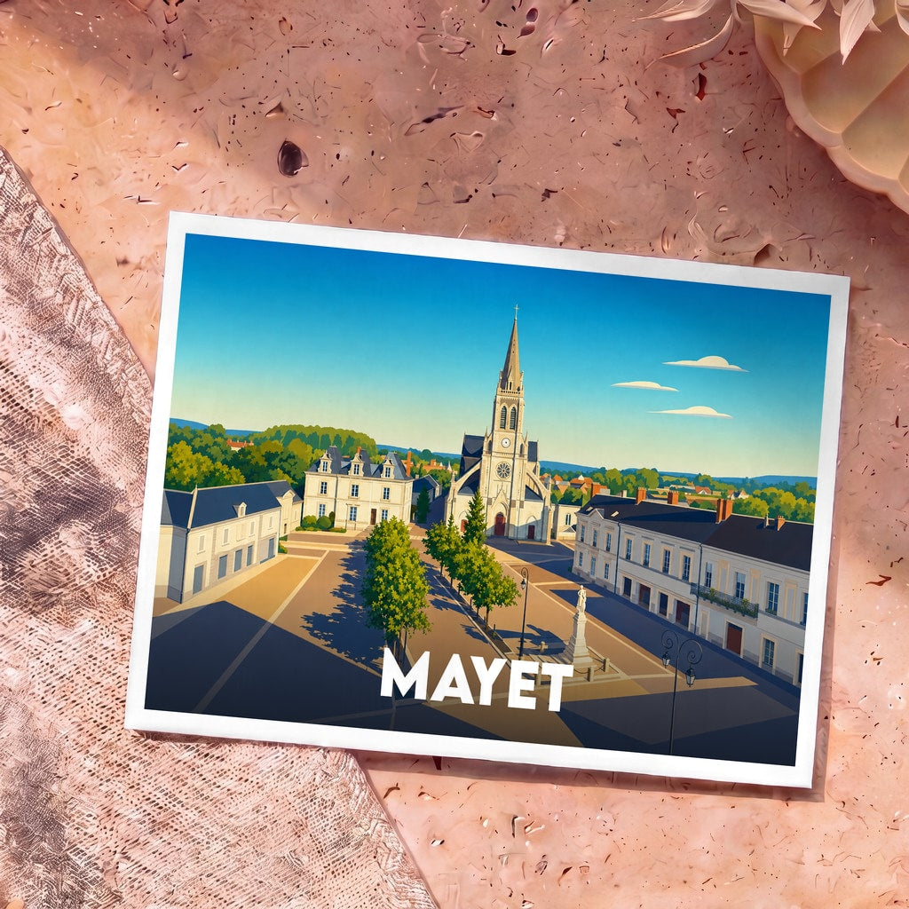Carte postale souvenir de la ville de Mayet avec une illustration stylisée de son église et de sa place centrale.