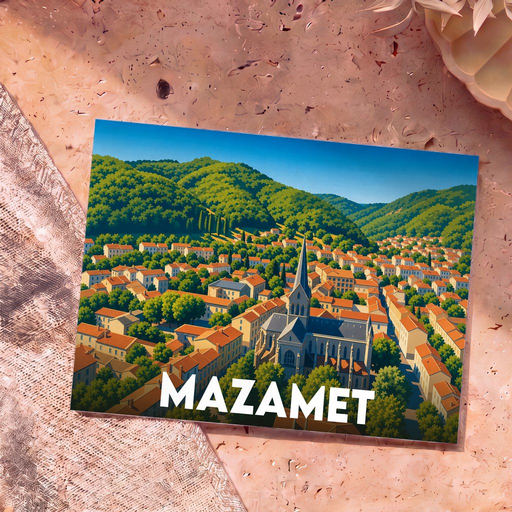 Carte postale souvenir de la ville de Mazamet avec une illustration stylisée de ses toits et de son église au pied des montagnes.