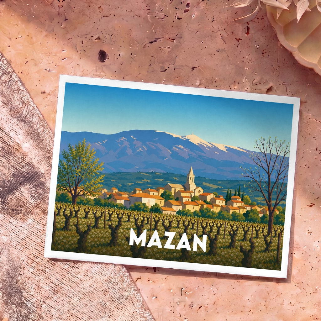 Carte postale souvenir de la ville de Mazan illustrant un paysage de vignobles et de montagnes dans un style graphique épuré.