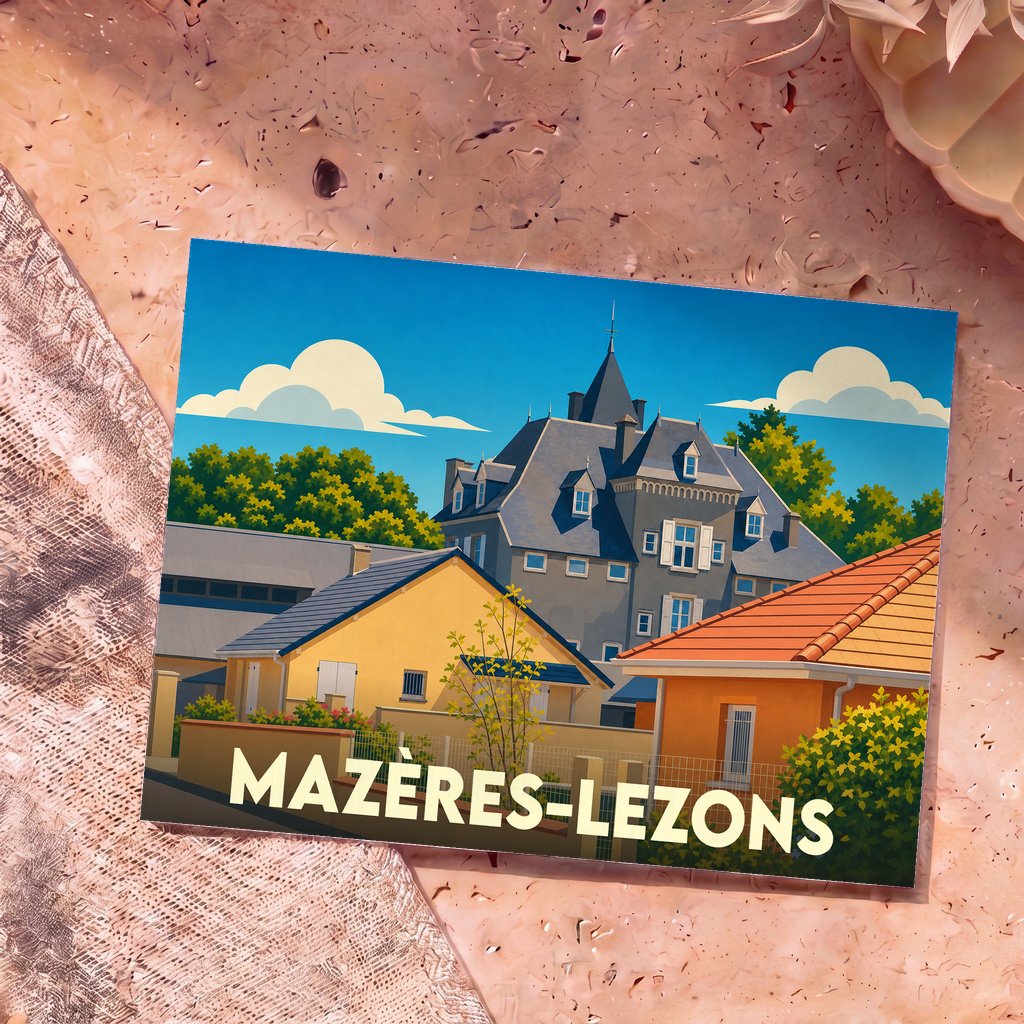 Carte postale souvenir de Mazères-Lezons avec une illustration stylisée de ses bâtiments et de son château.
