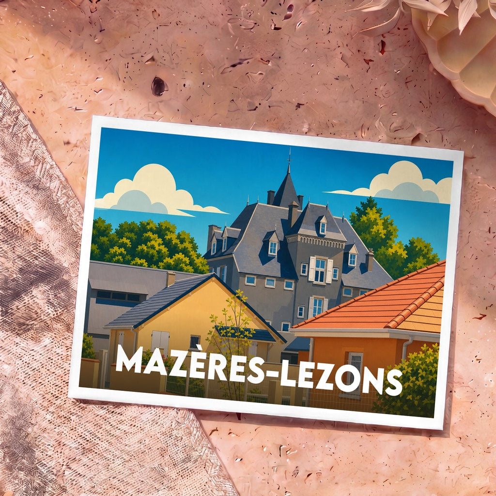Carte postale souvenir de Mazères-Lezons avec une illustration stylisée de ses bâtiments et de son château.