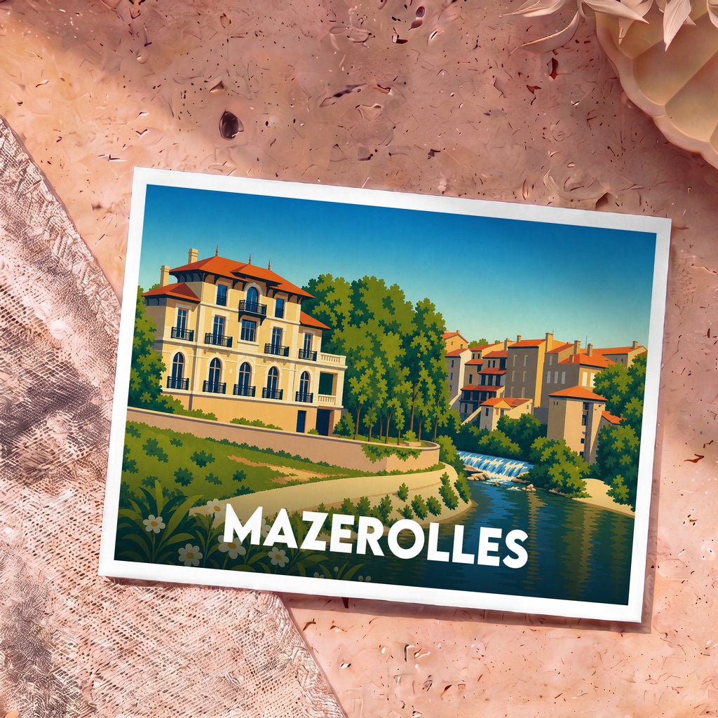 Carte postale souvenir de la ville de Mazerolles avec une illustration colorée et stylisée de son paysage urbain.