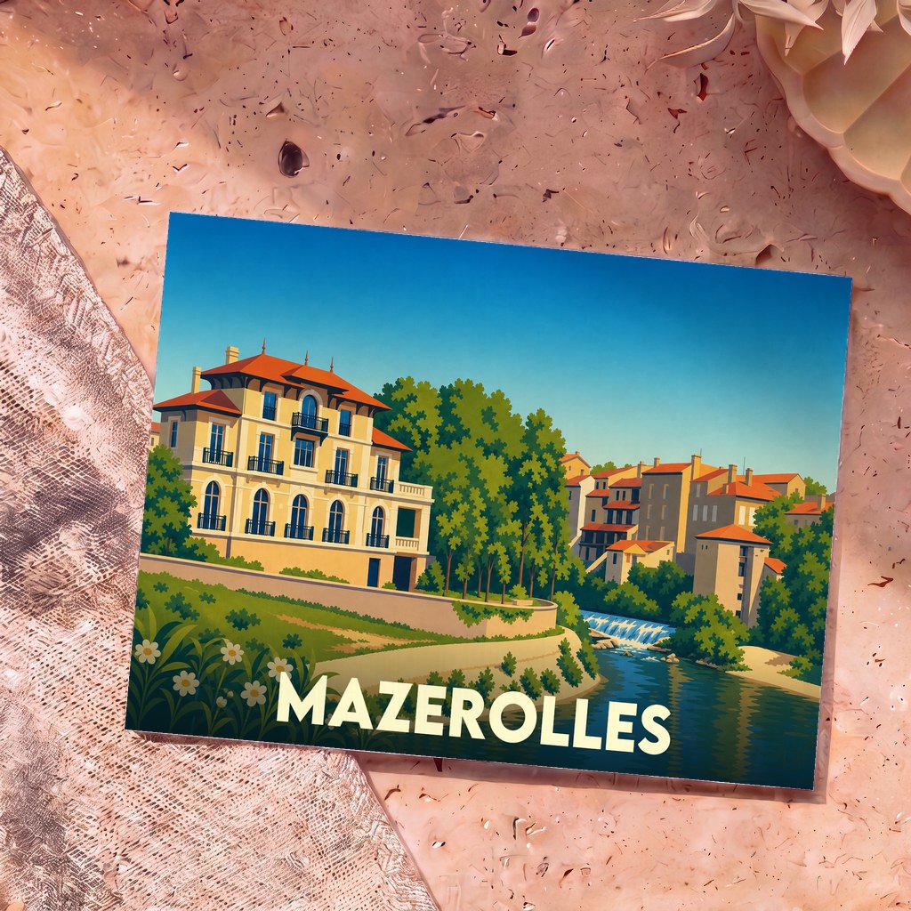 Carte postale souvenir de la ville de Mazerolles avec une illustration colorée et stylisée de son paysage urbain.