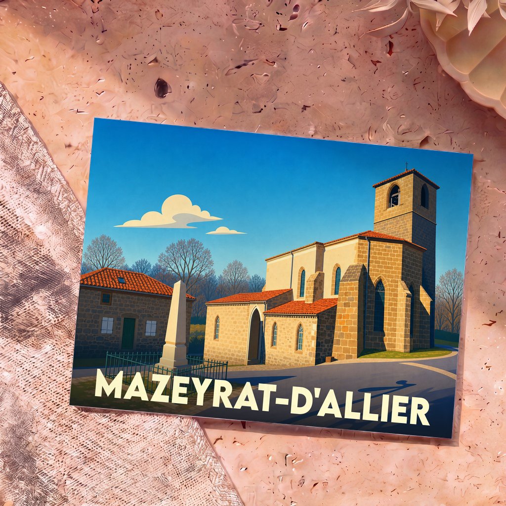 Carte postale souvenir de la ville de Mazeyrat-d'Allier avec une illustration stylisée de son église et d'un monument.