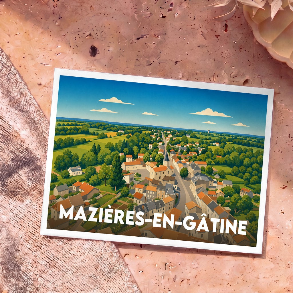 Carte postale souvenir de la ville de Mazières-en-Gâtine avec une illustration stylisée d'un village français entouré de verdure.