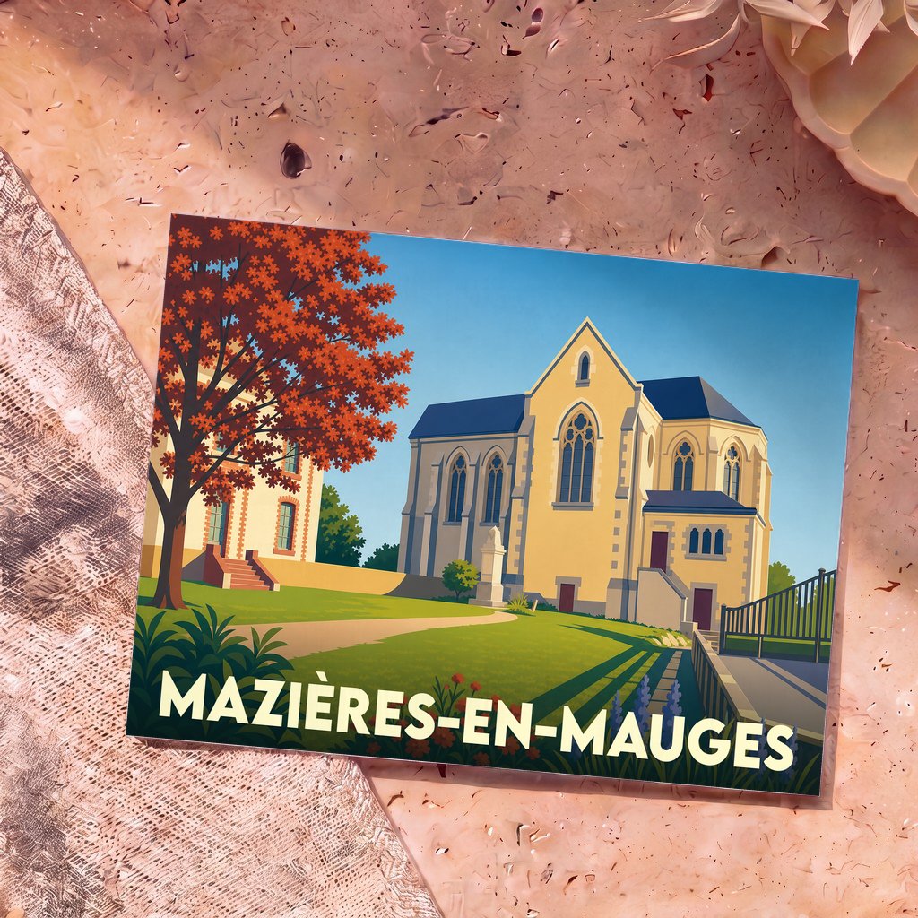 Carte postale souvenir de Mazières-en-Mauges illustrée d'un dessin stylisé de son église et de son paysage.