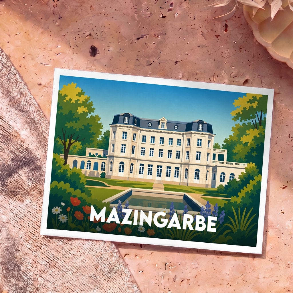 Carte postale souvenir de la ville de Mazingarbe illustrant son château dans un style graphique épuré.