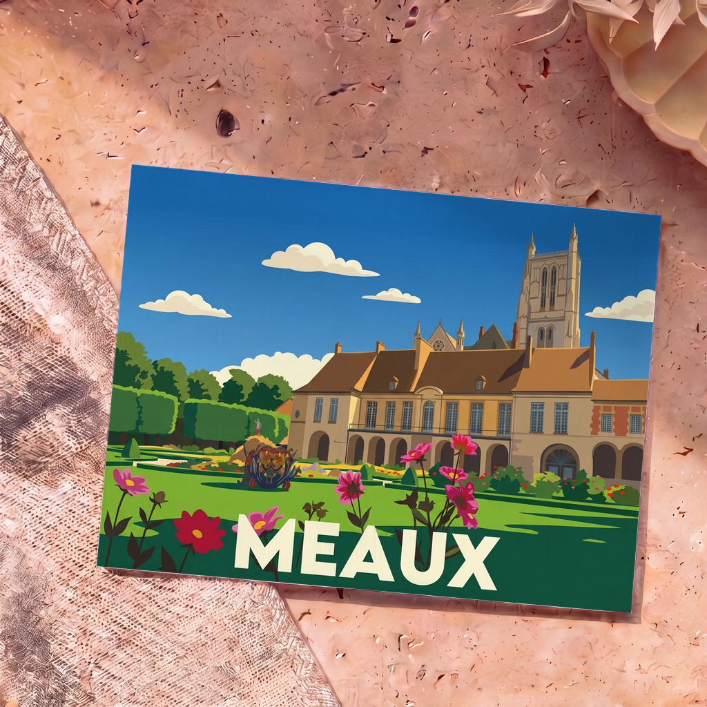 Carte postale souvenir de la ville de Meaux illustrant le palais épiscopal et sa cathédrale dans un style graphique coloré.