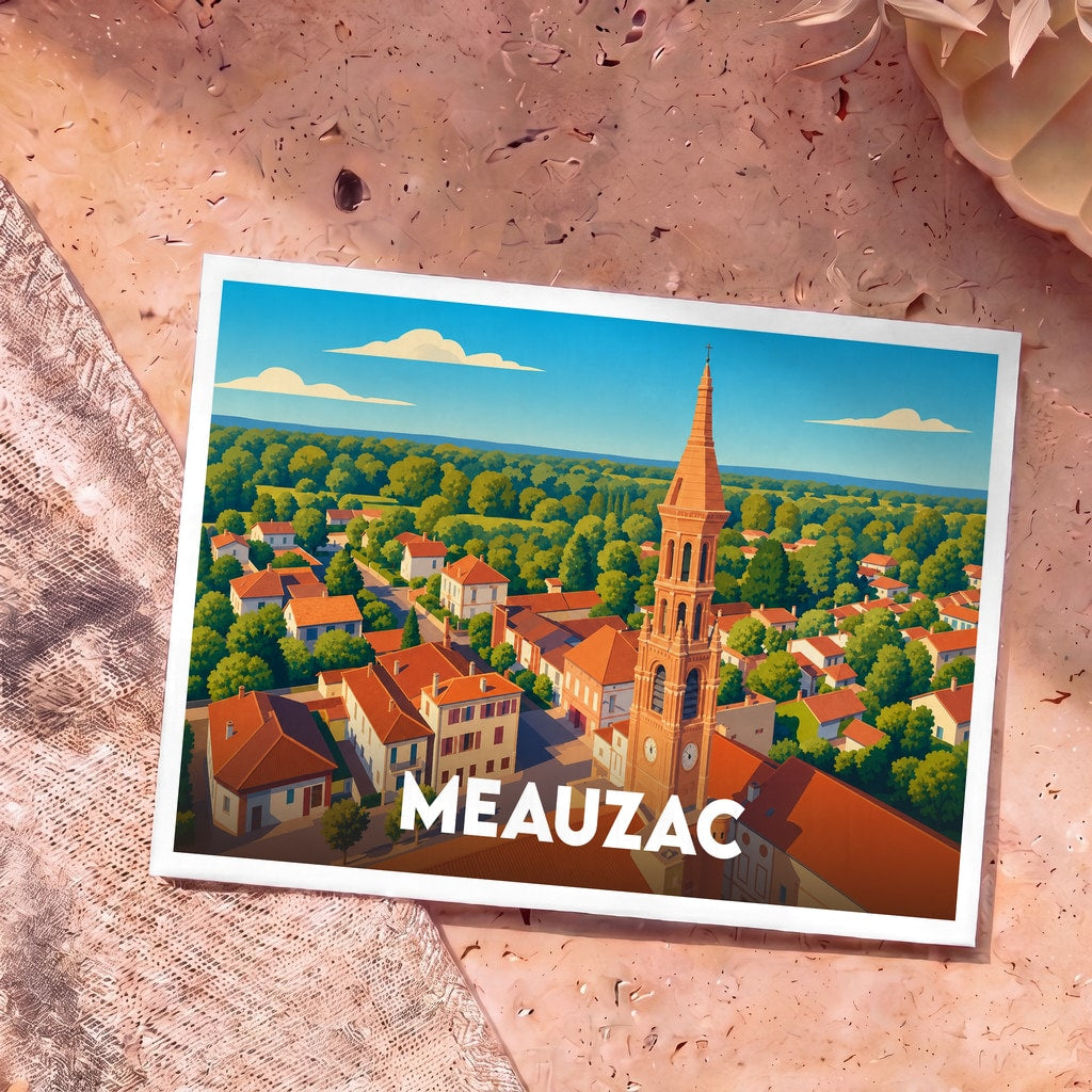 Carte postale souvenir de la ville de Meauzac avec une illustration stylisée vue du ciel.