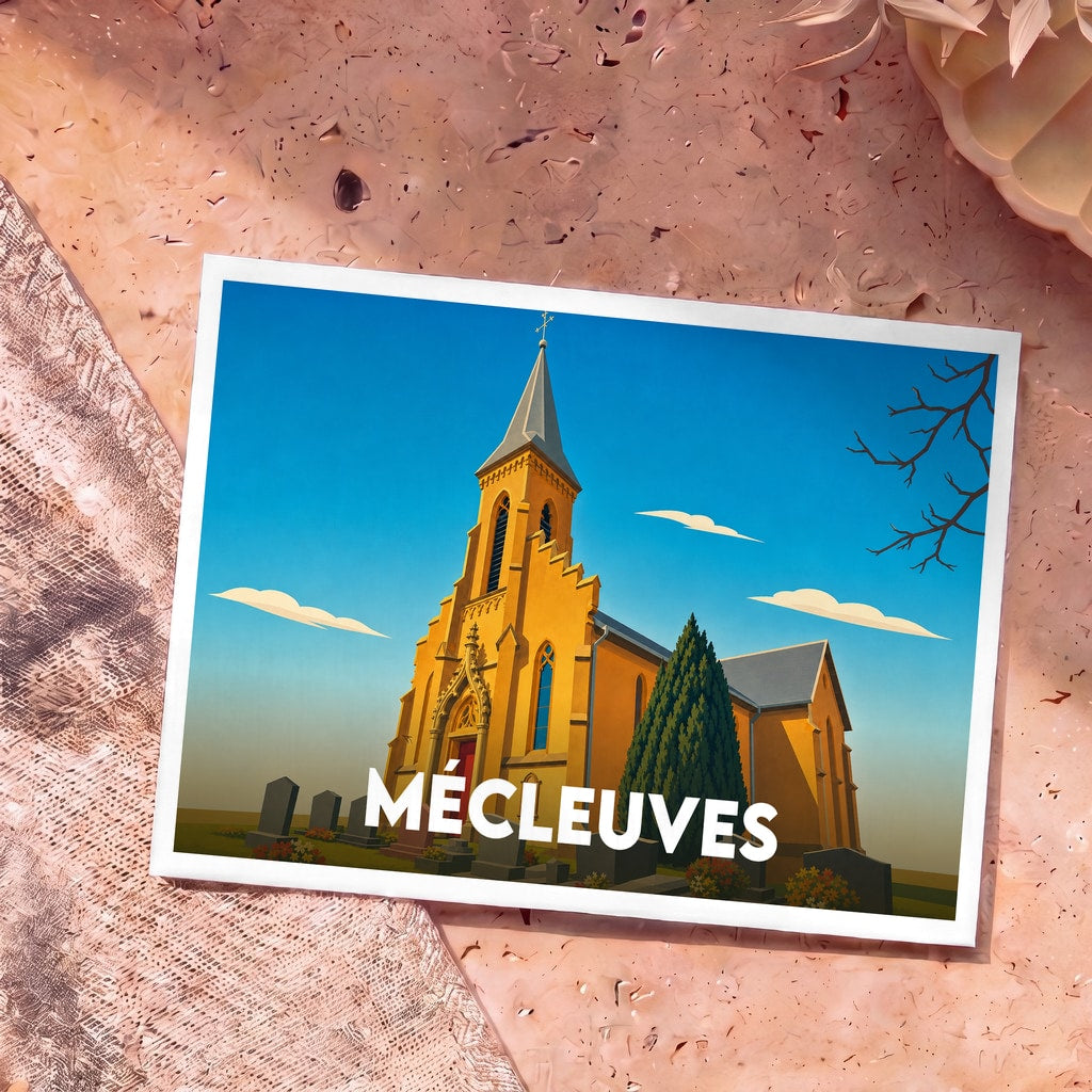 Carte postale souvenir de la ville de Mécleuves illustrant son église avec un style graphique épuré.