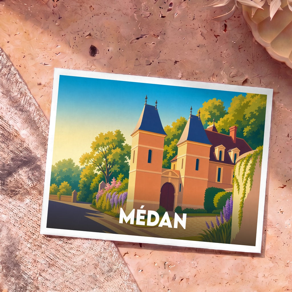 Carte postale souvenir de la ville de Médan avec une illustration stylisée de sa maison historique.
