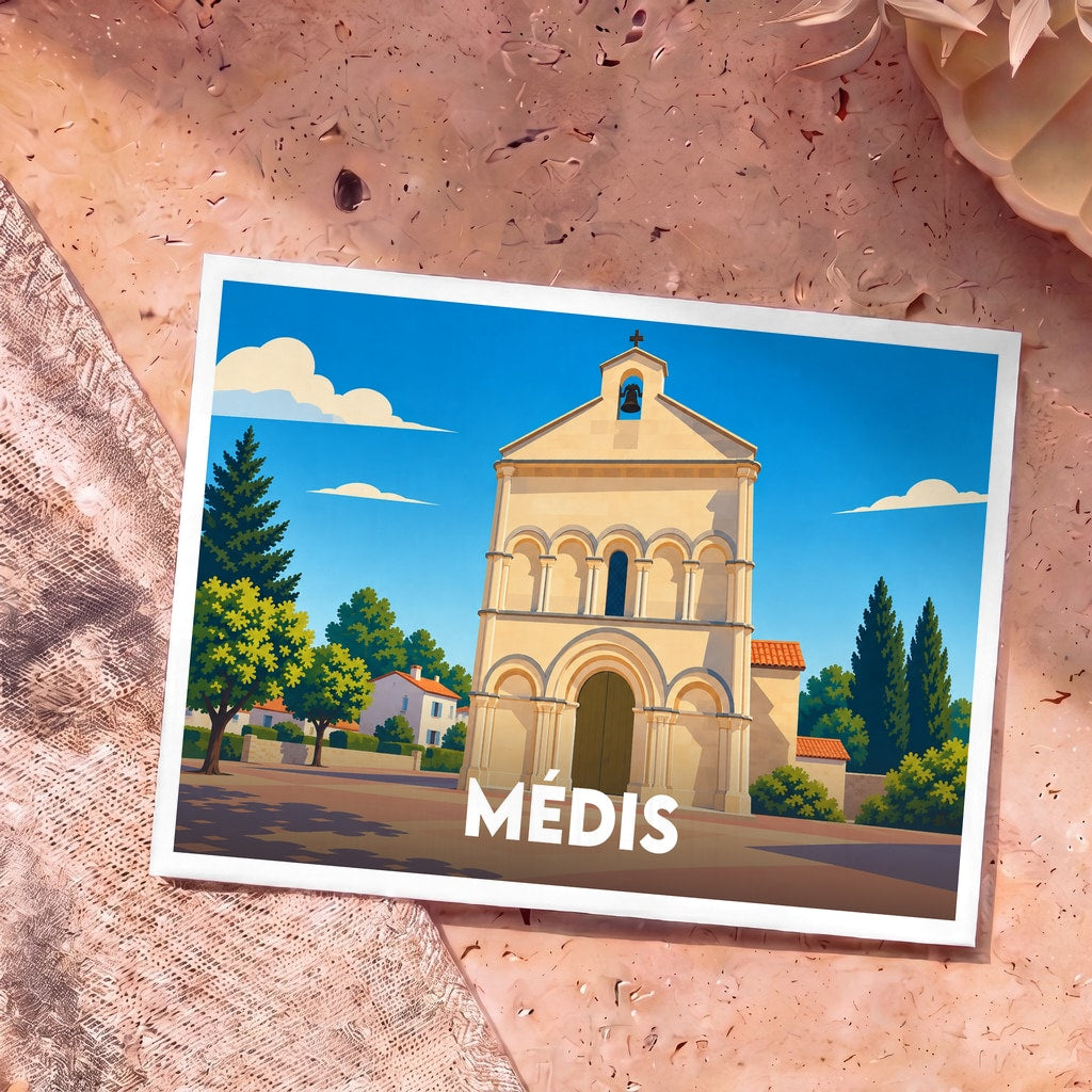 Carte postale souvenir de la ville de Médis avec une illustration stylisée de son église romane.
