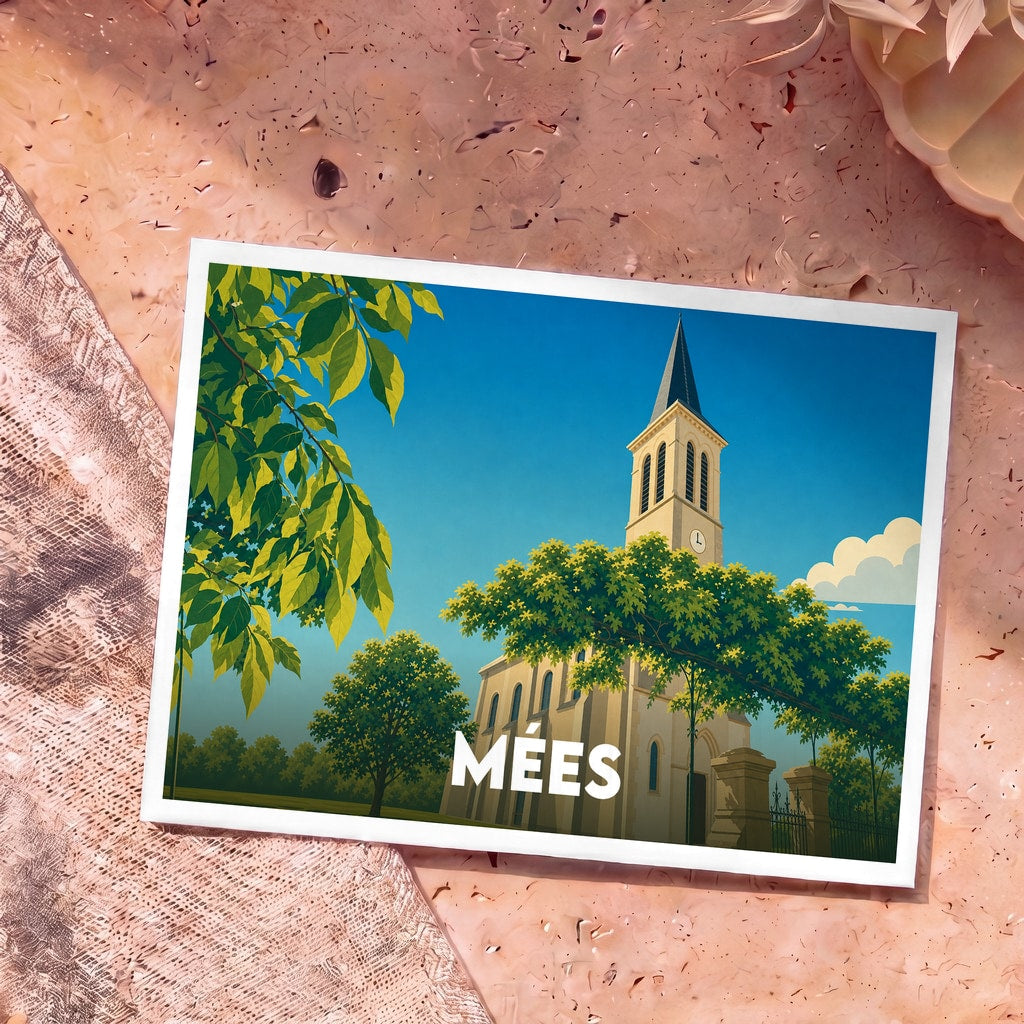 Carte postale souvenir de la ville de Mées illustrant son église dans un style graphique épuré.