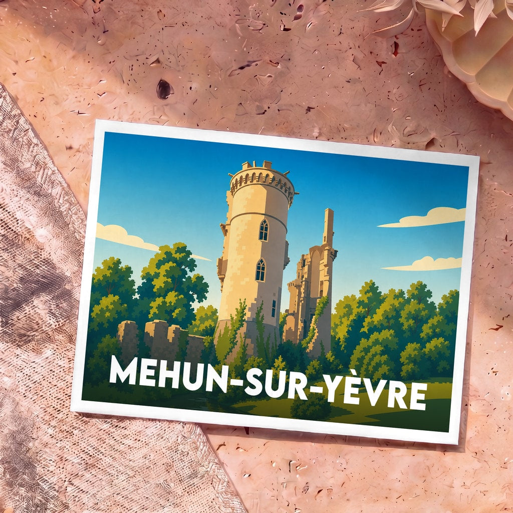 Carte postale souvenir de la ville de Mehun-sur-Yèvre illustrant les ruines de son château médiéval dans un style graphique épuré.