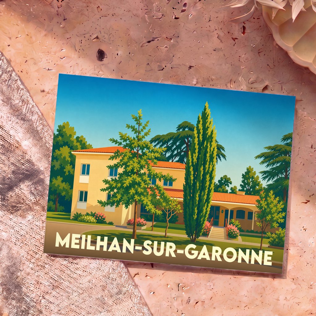 Carte postale souvenir de la ville de Meilhan-sur-Garonne avec une illustration stylisée d'une villa ensoleillée.