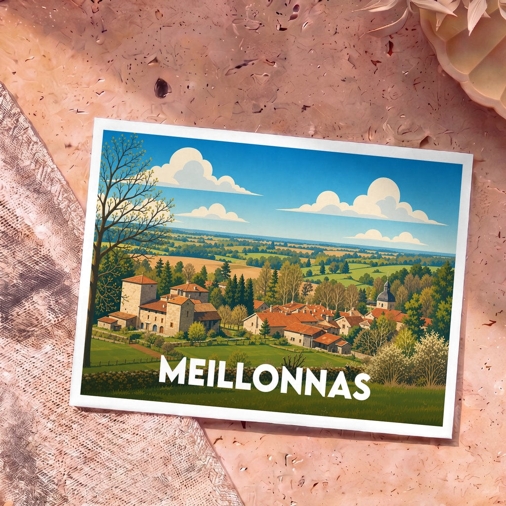 Carte postale souvenir de la ville de Meillonnas avec une illustration stylisée de son paysage rural.