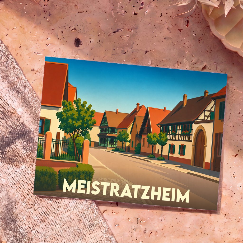 Carte postale souvenir de la ville de Meistratzheim avec une illustration stylisée de ses maisons à colombages.