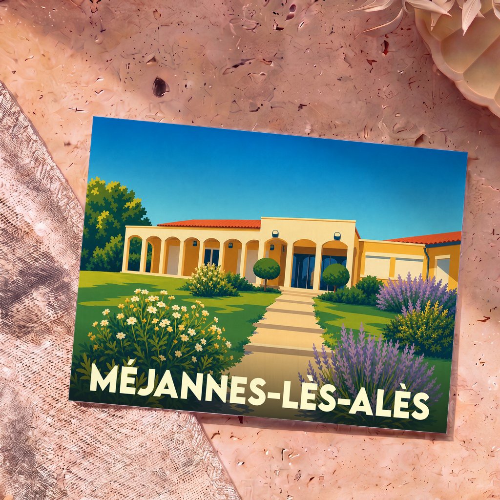 Carte postale souvenir de la ville de Méjannes-lès-Alès avec une illustration stylisée.
