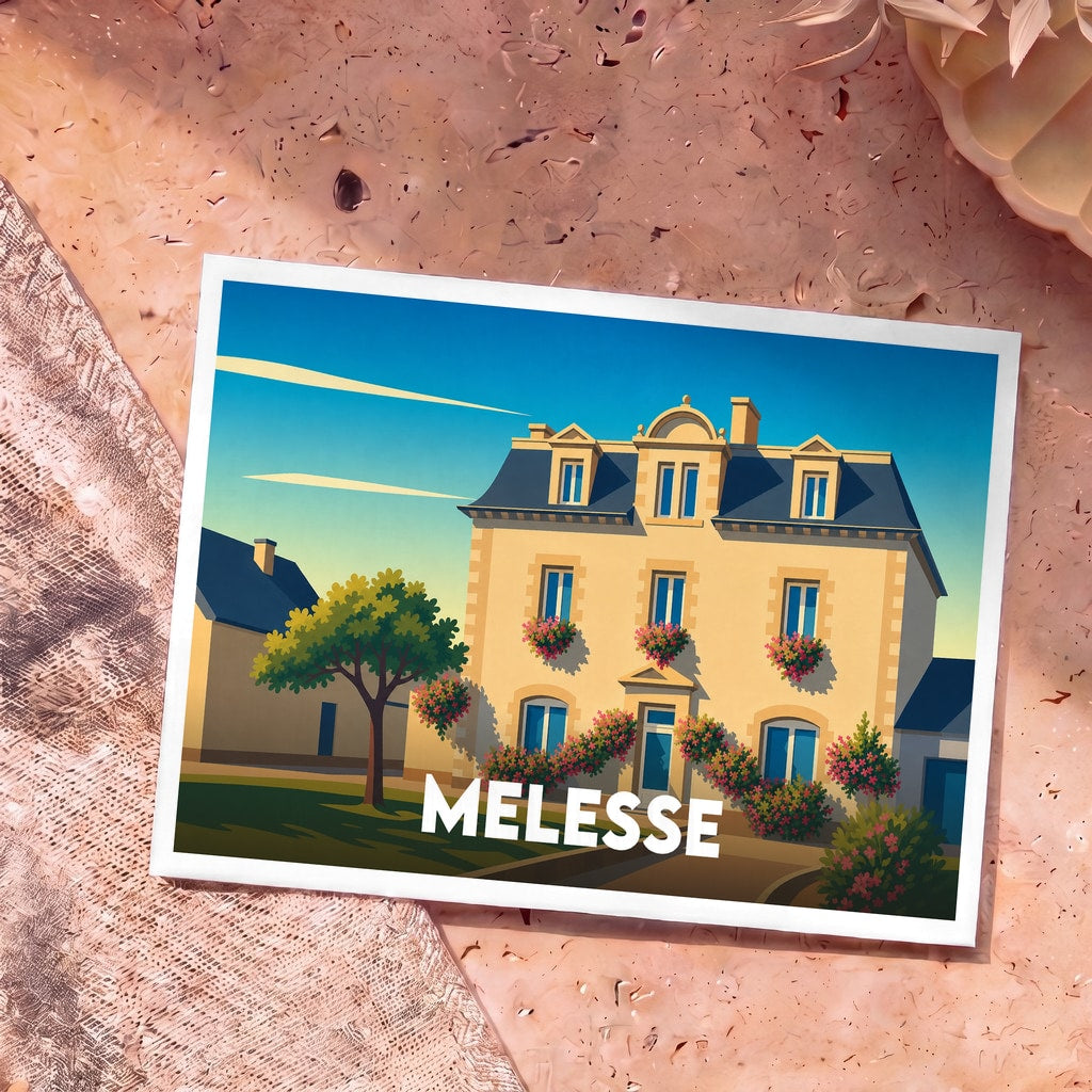 Carte postale souvenir de la ville de Melesse avec une illustration stylisée d'une maison fleurie.